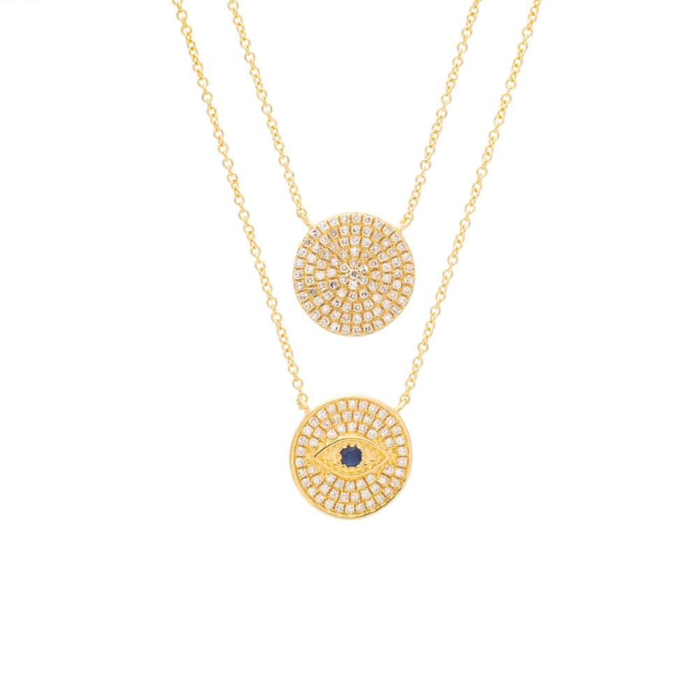 2-Sided Diamond Evil Eye Disc Necklace Yellow Gold