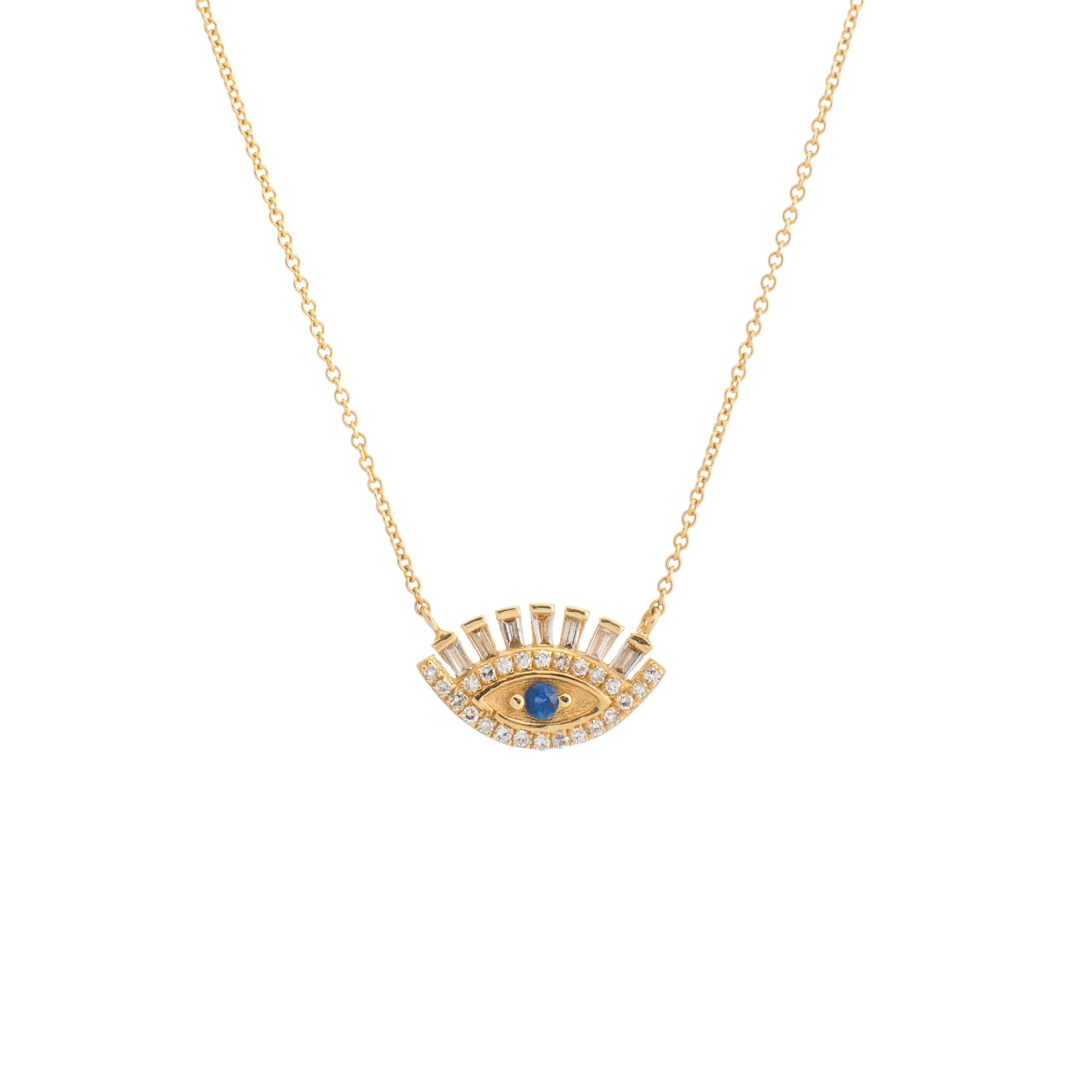Baguette Diamonds + Sapphire Eyelash Necklace Yellow Gold