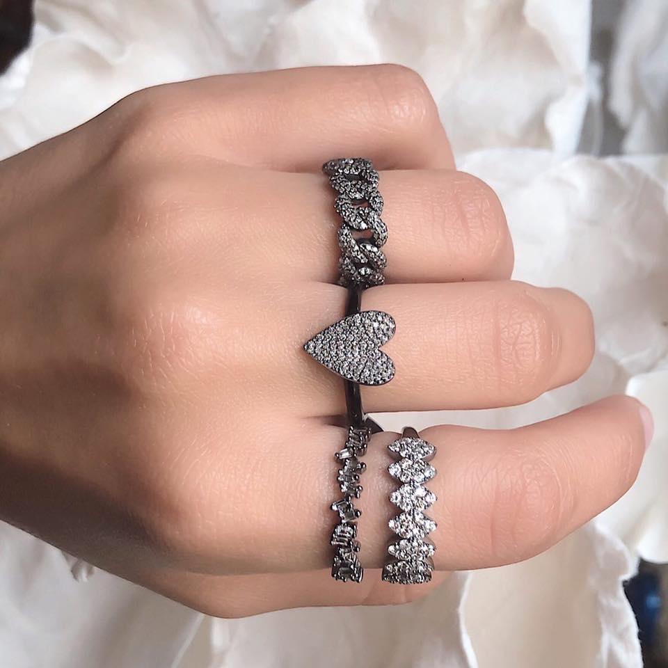 Pave Diamond Heart Ring with Black Enamel Band