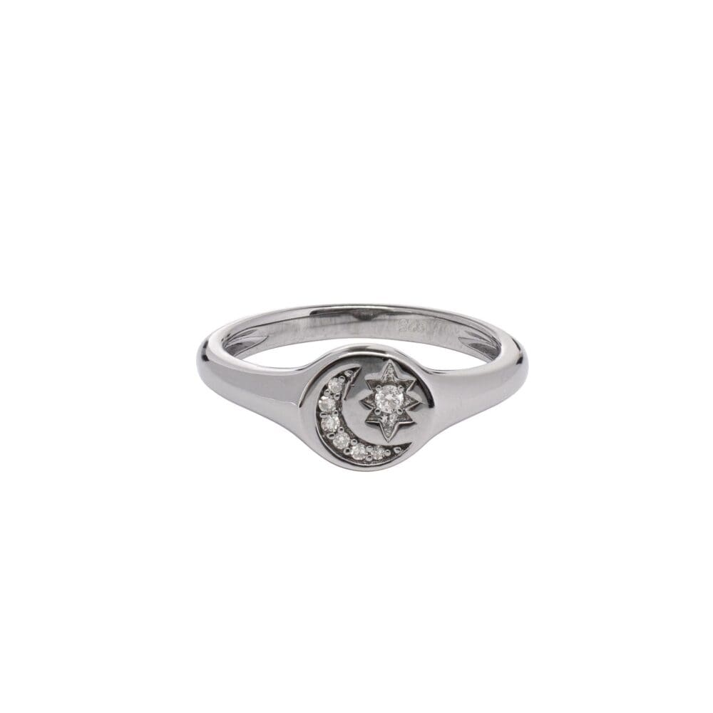 Diamond Moon + Star Pinky Signet Ring Sterling Silver