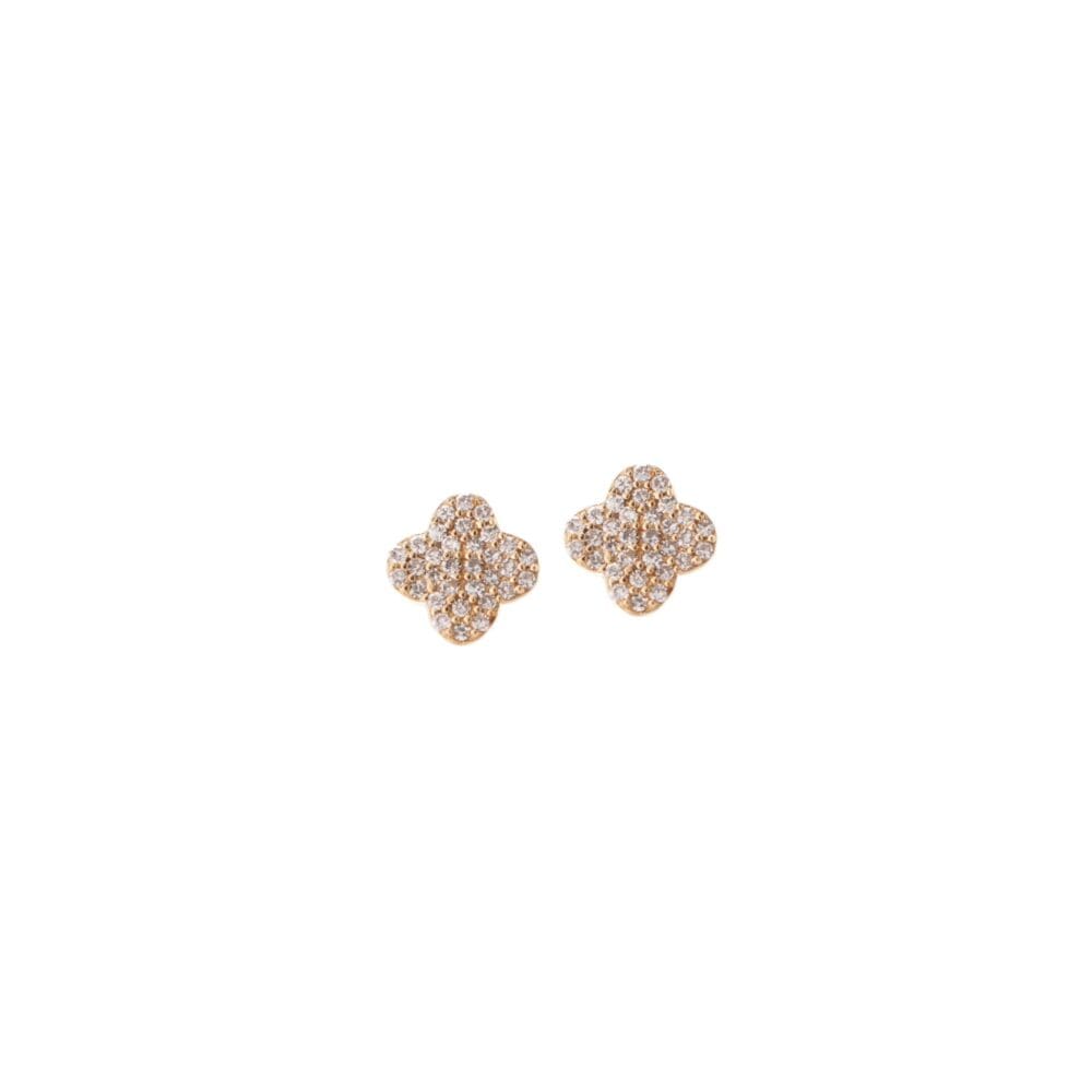 Tiny Pave Diamond Clover Earrings Yellow Gold