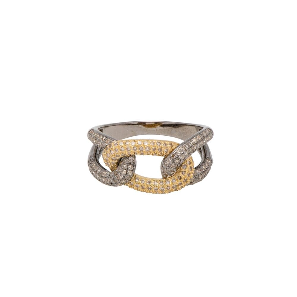 Diamond Triple Link Ring Silver and Yellow Gold