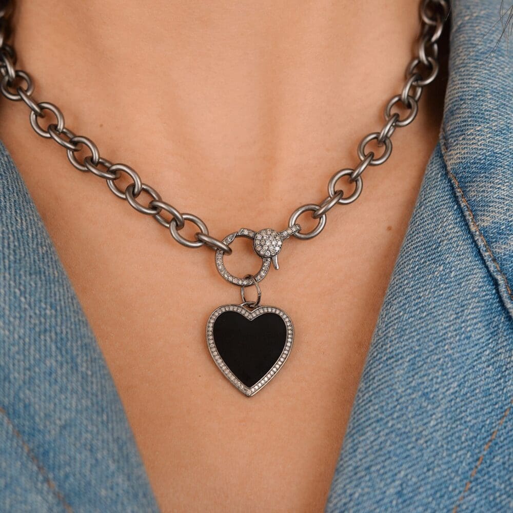 Large Black Enamel and Diamond Heart Charm