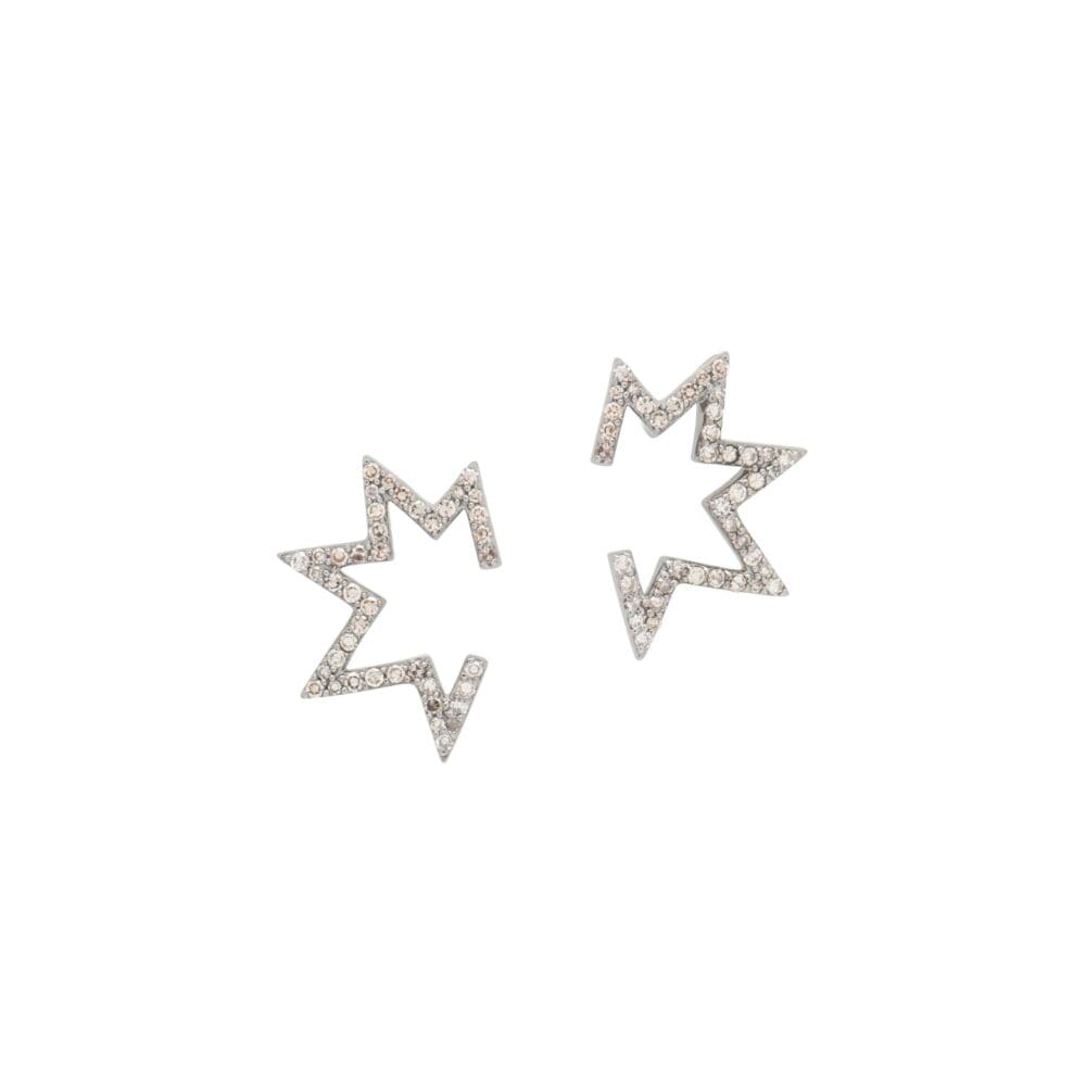 Small Open Mod Diamond Star Earrings Sterling Silver