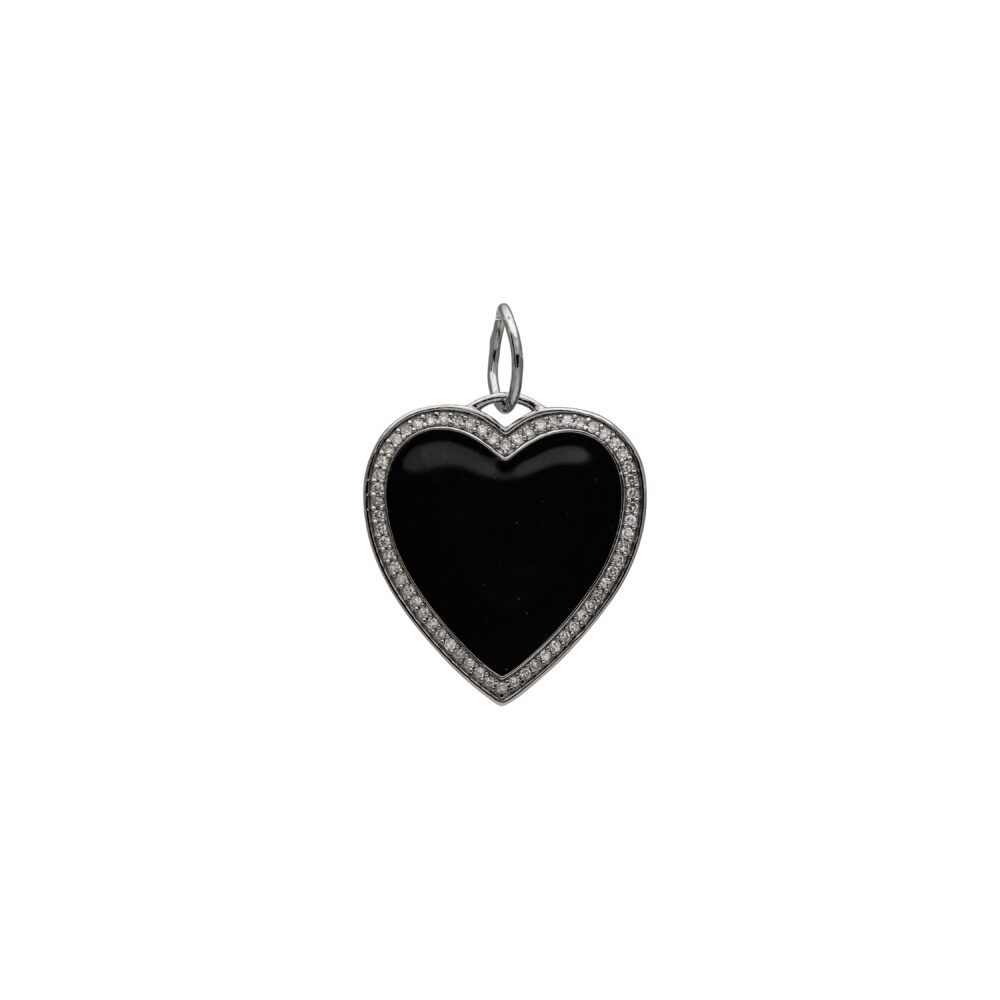 Black Enamel Diamond Heart Charm Sterling Silver