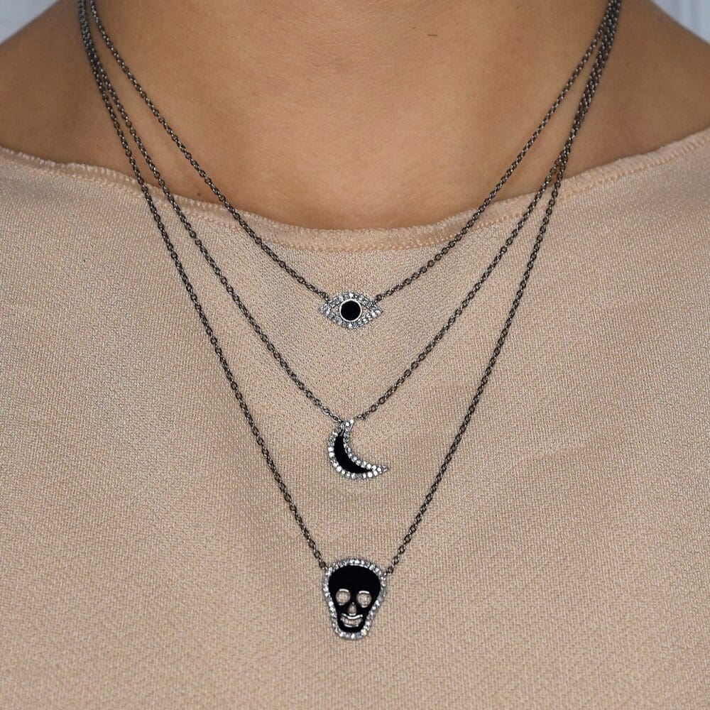 Diamond Black Enamel Skull Necklace