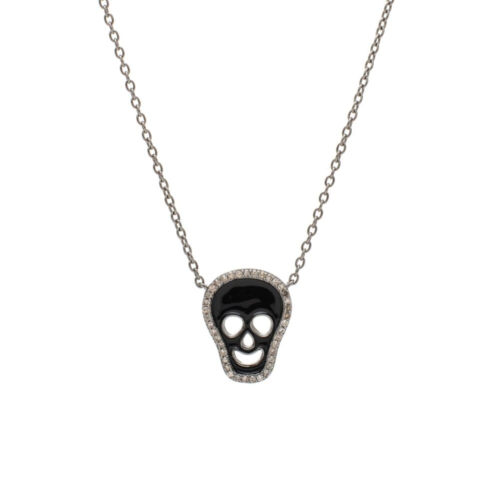 Diamond + Black Enamel Skull Necklace Sterling Silver