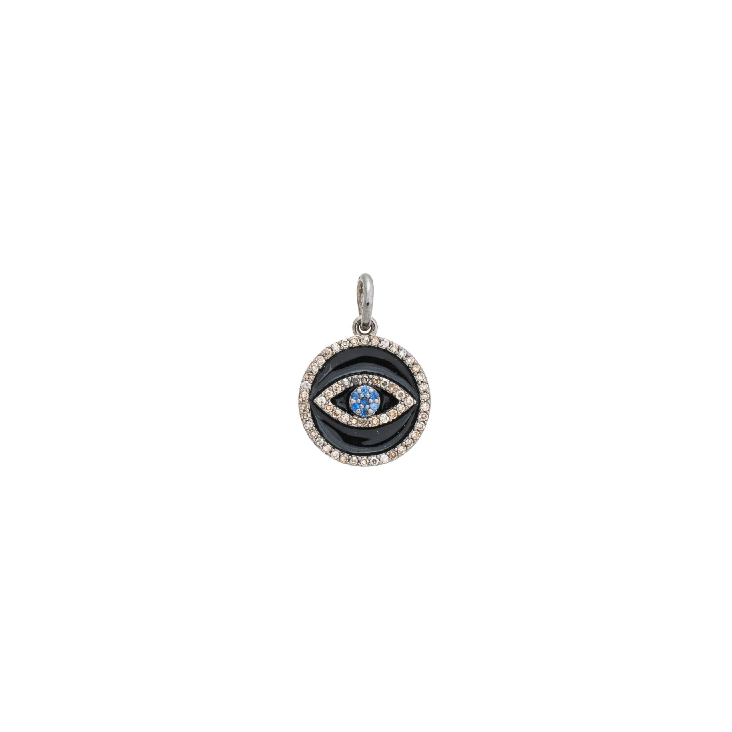 Mini Diamond Black Enamel Evil Eye with Sapphires Charm Sterling Silver