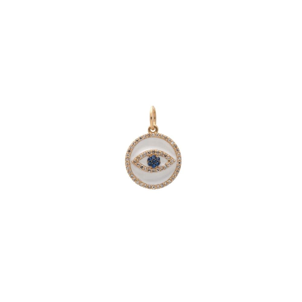 Mini Diamond White Enamel Evil Eye with Sapphires Charm Gold