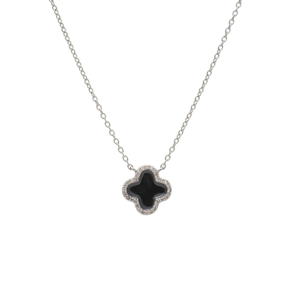 Diamond Mini Black Enamel Clover Necklace
