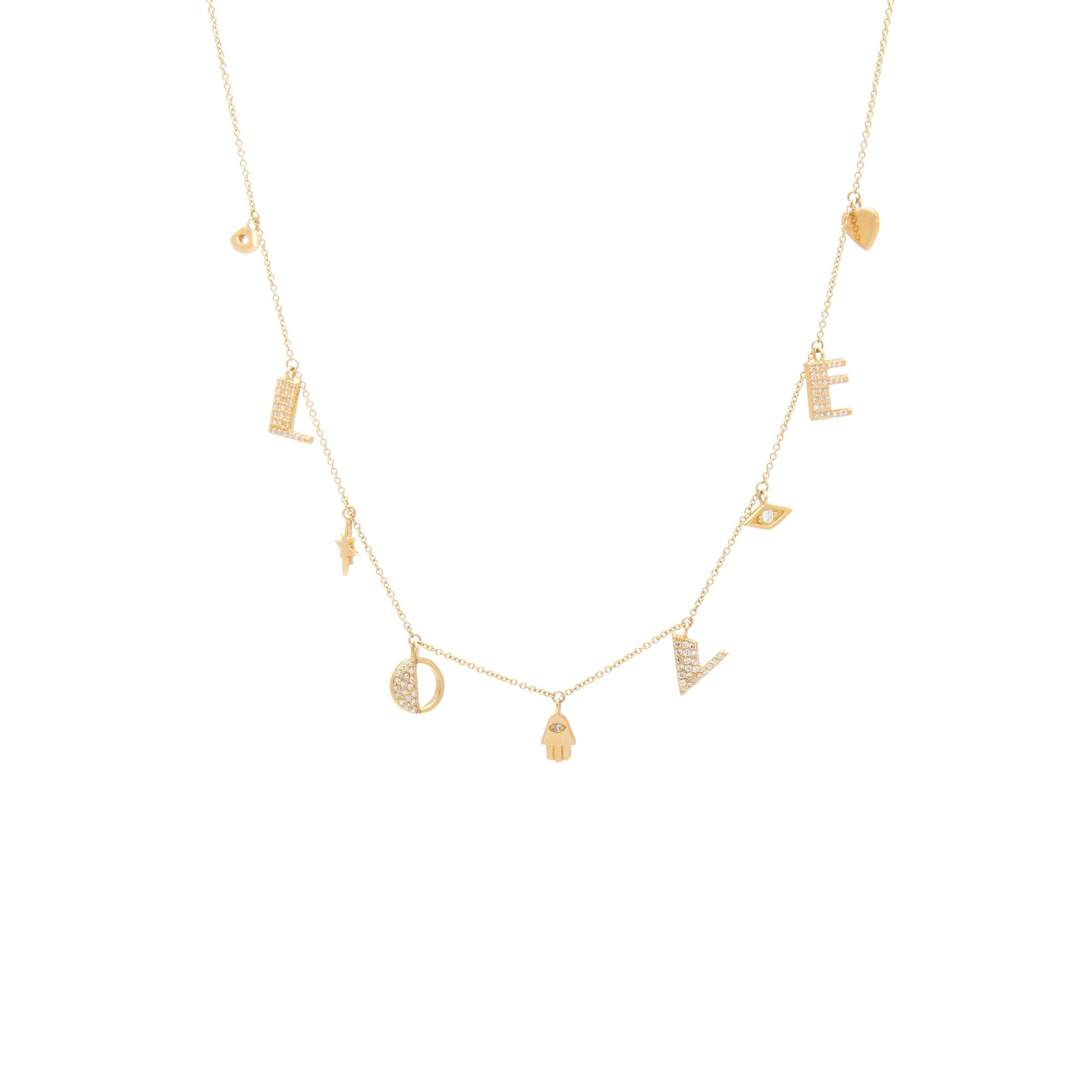 Diamond Dangling LOVE Necklace with Mini Protection Charms Yellow Gold