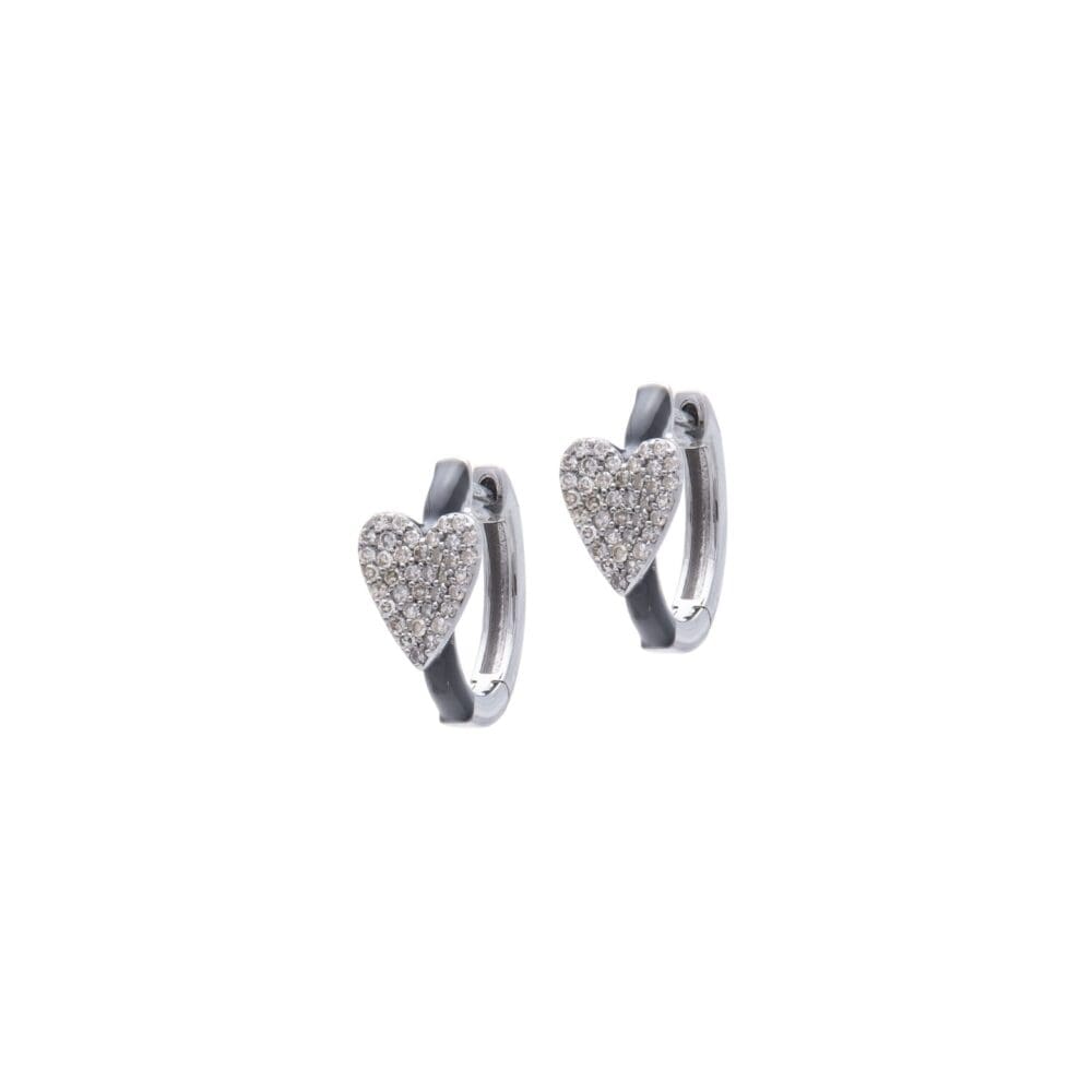 Diamond Heart Black Enamel Huggie Earrings Sterling Silver