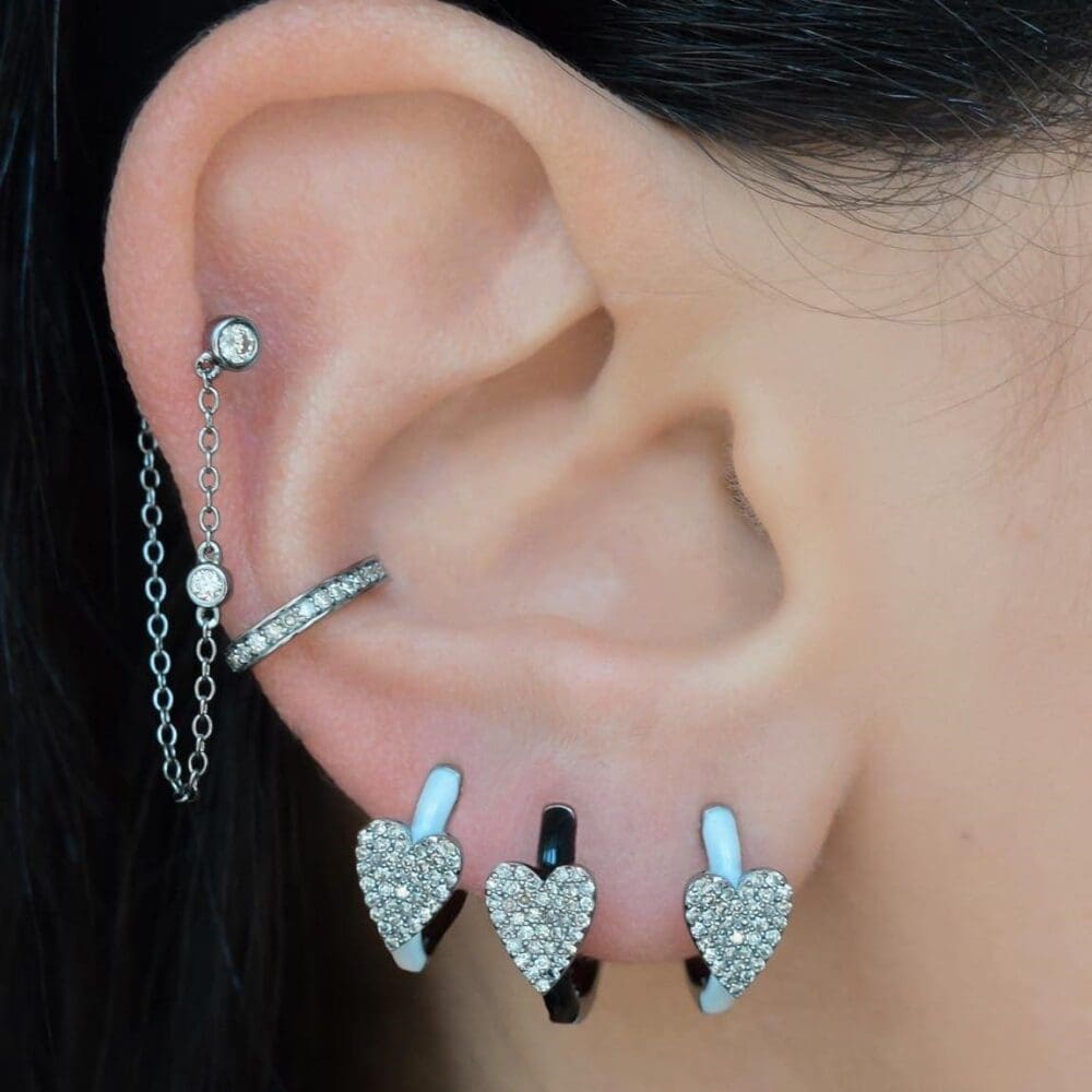 Diamond Heart White Enamel Huggie Earrings