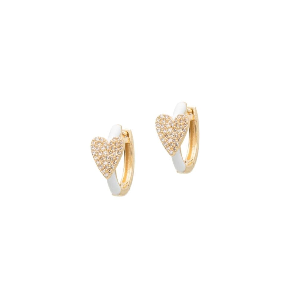 Diamond Heart White Enamel Huggie Earrings 14k Yellow Gold