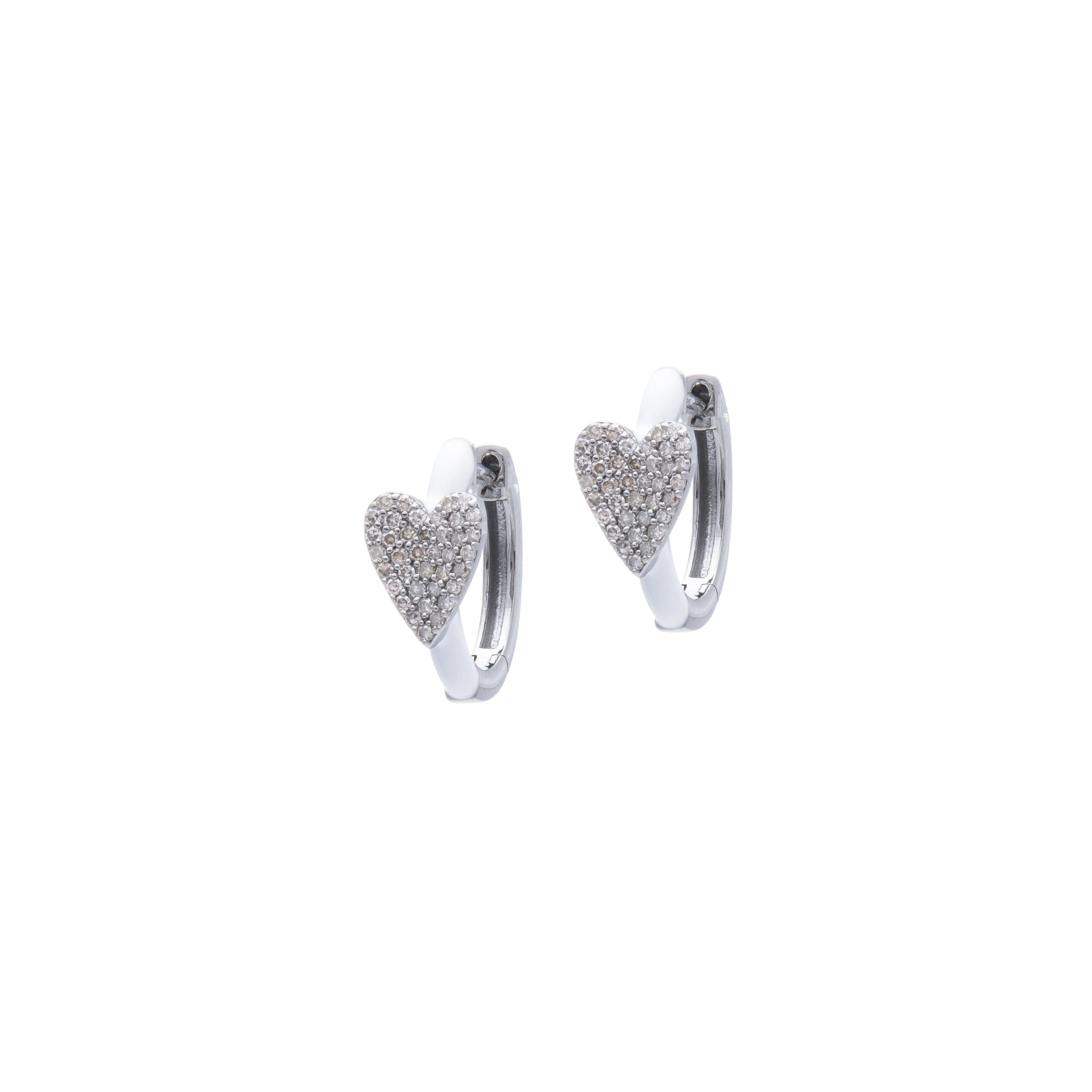 Diamond Heart White Enamel Huggie Earrings Sterling Silver