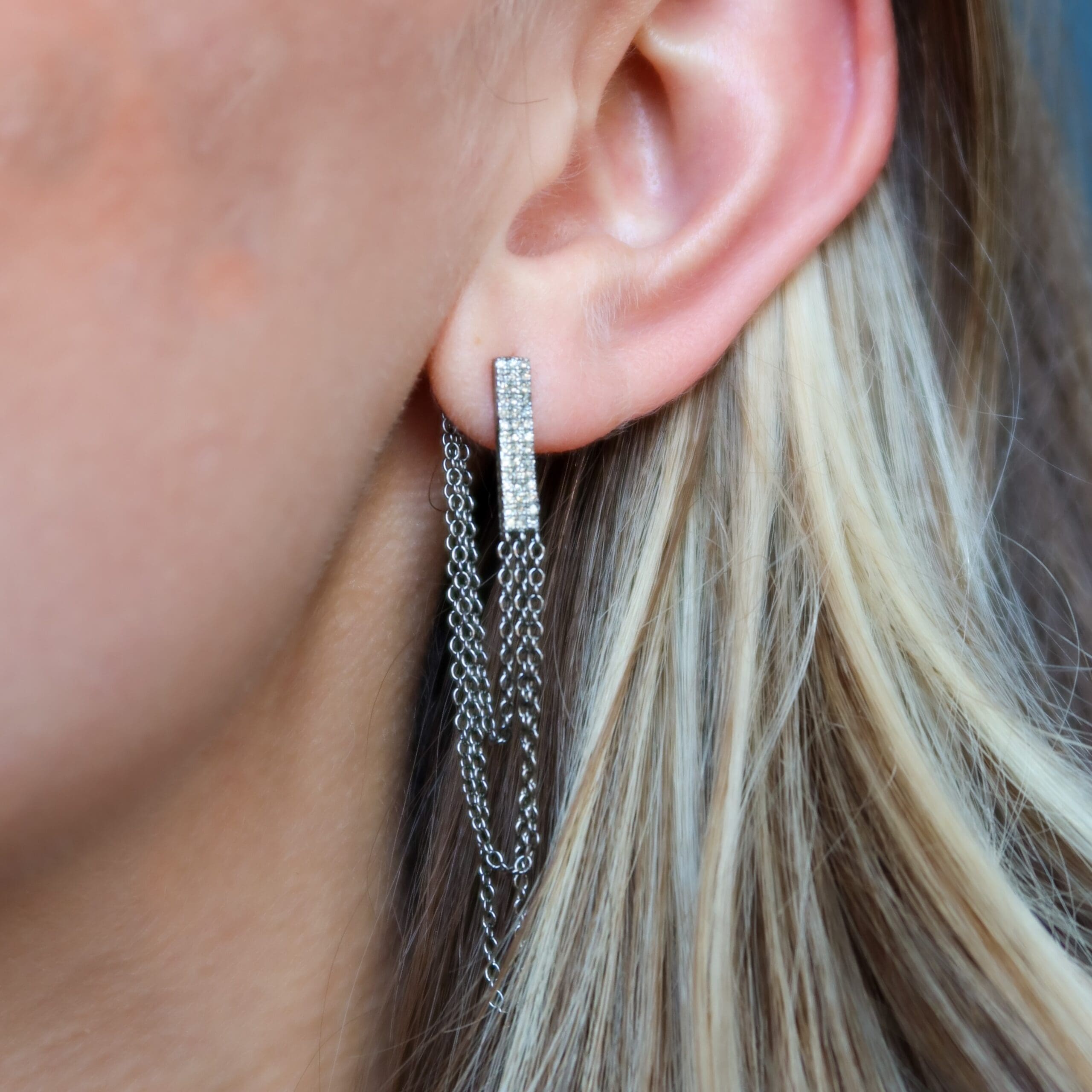Silver Diamond Rectangle Multi Chain Earrings
