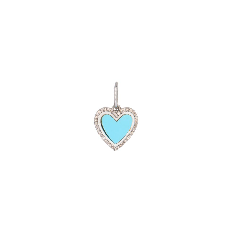 Small Diamond Turquoise Heart Charm Sterling Silver