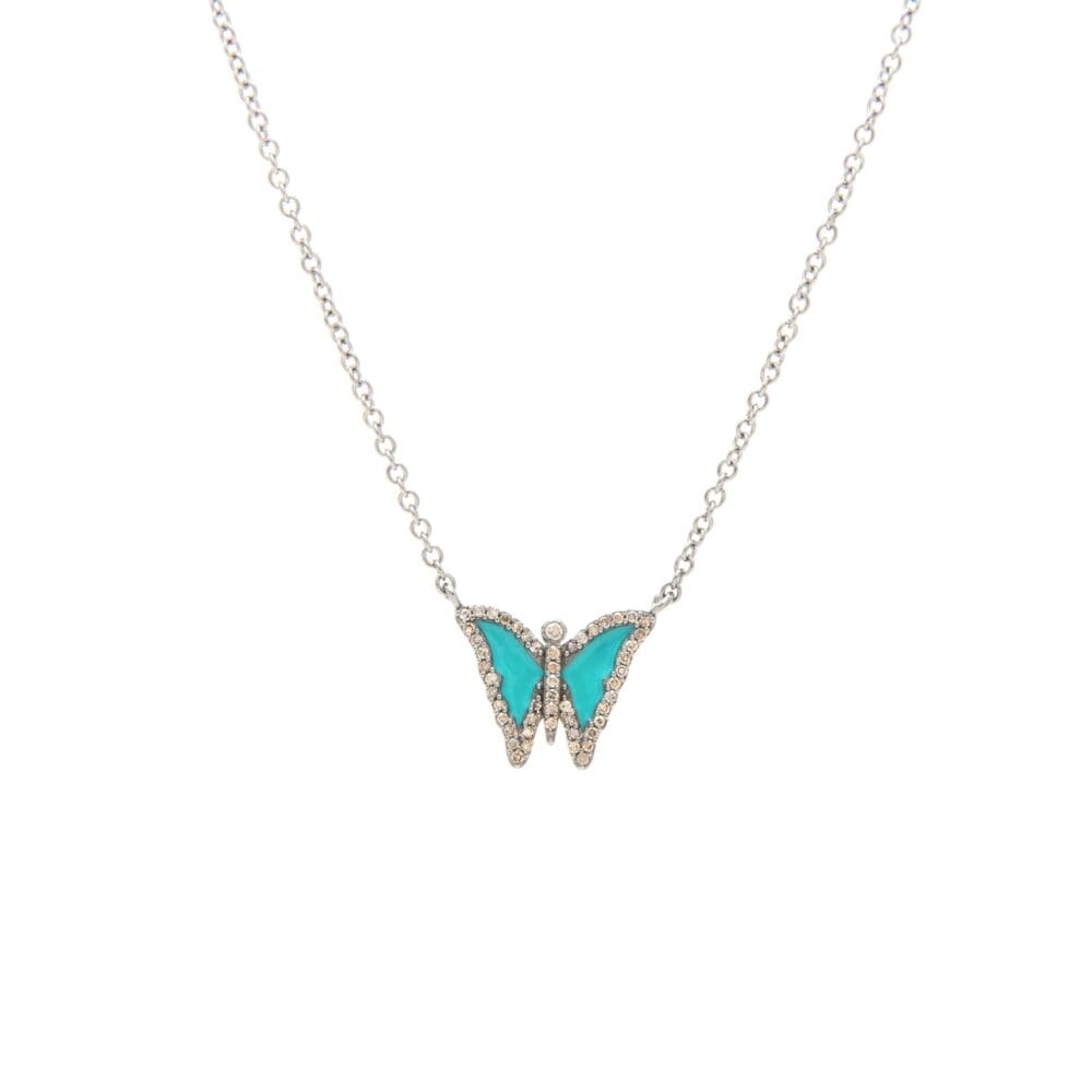 Diamond Mini Turquoise Enamel Butterfly Necklace Sterling Silver