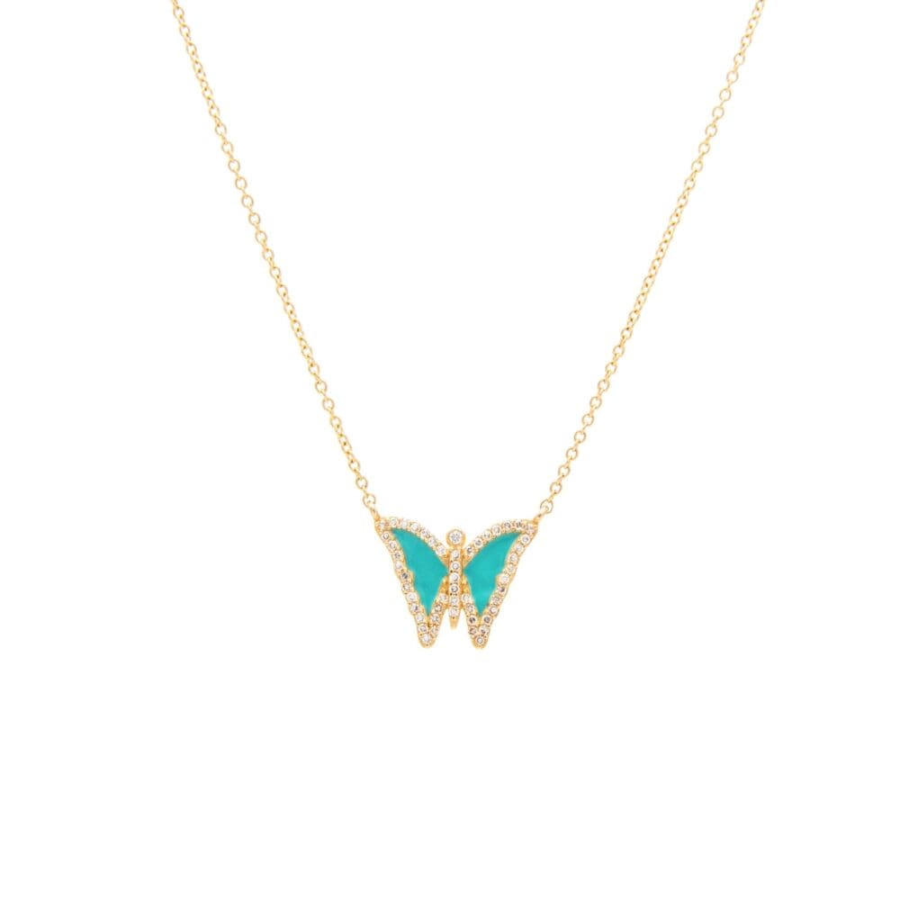 Diamond Mini Turquoise Enamel Butterfly Necklace Yellow Gold