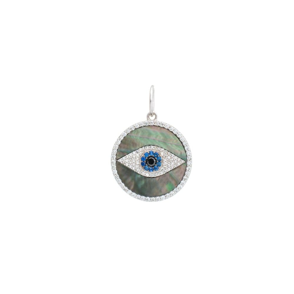 Onyx Mother of Pearl Evil Eye Disc Charm White Gold