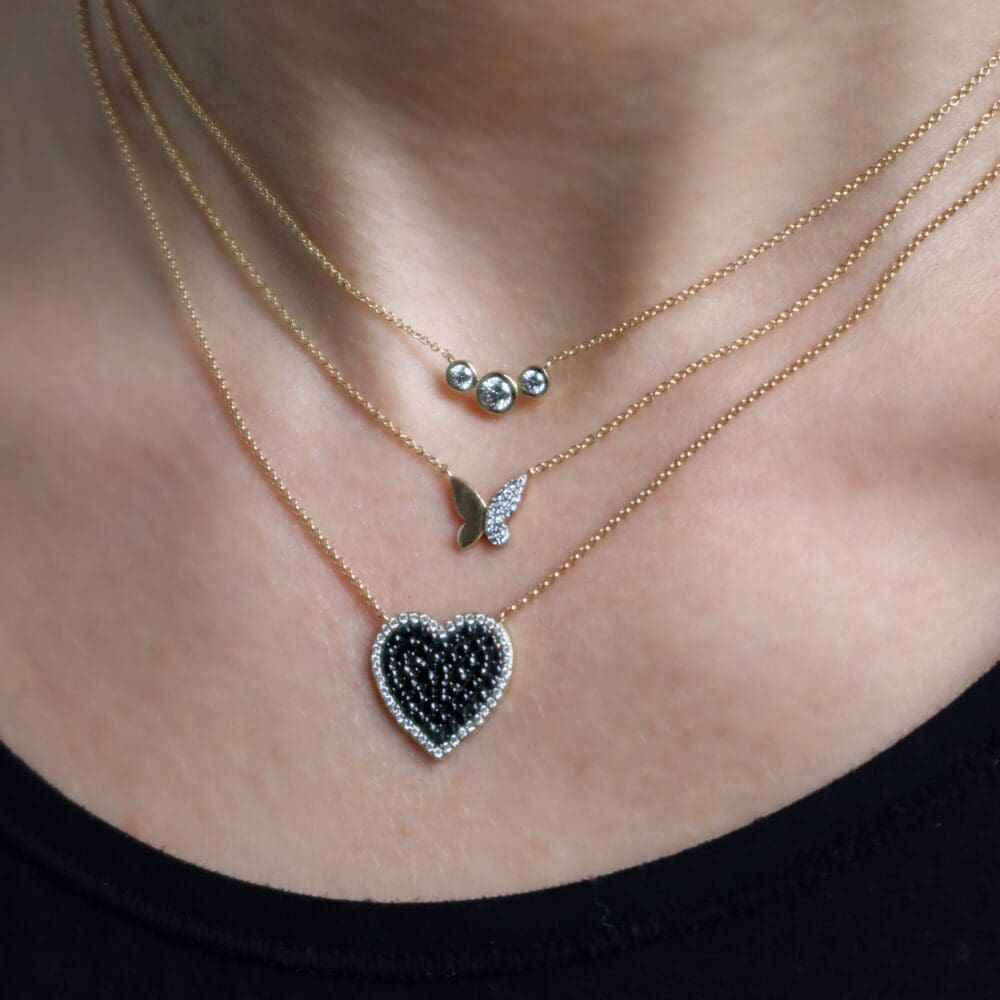 Black + White Diamond Heart, 3 Diamond Solitaire Bezel Set Necklace