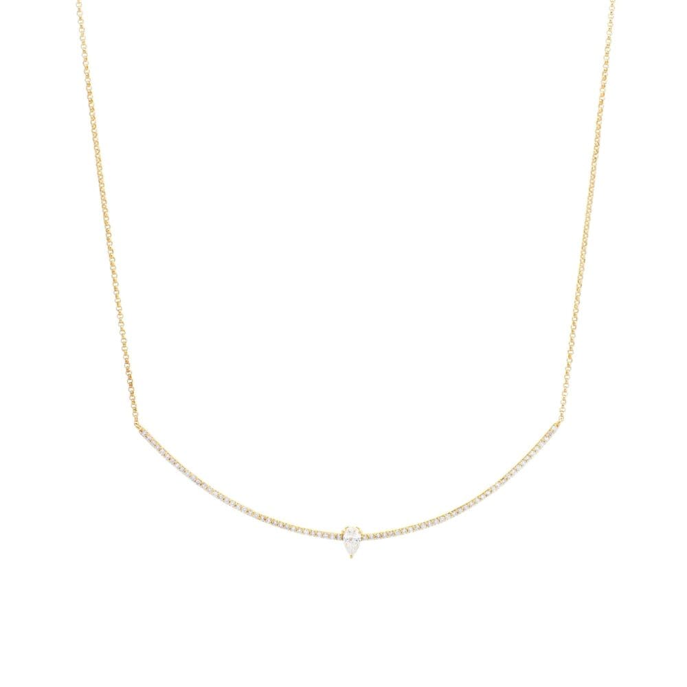 Curved Bar Diamond Pear Solitaire Necklace Yellow Gold