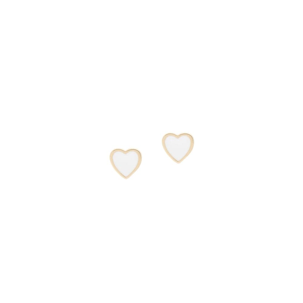 White Enamel Heart Earrings Yellow Gold