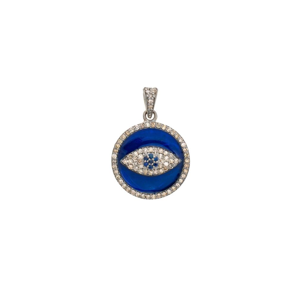 Diamond + Blue Enamel Evil Eye Disc Charm Sterling Silver