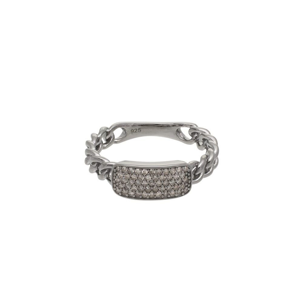 Diamond Curb Link Hard Chain ID Ring Sterling Silver