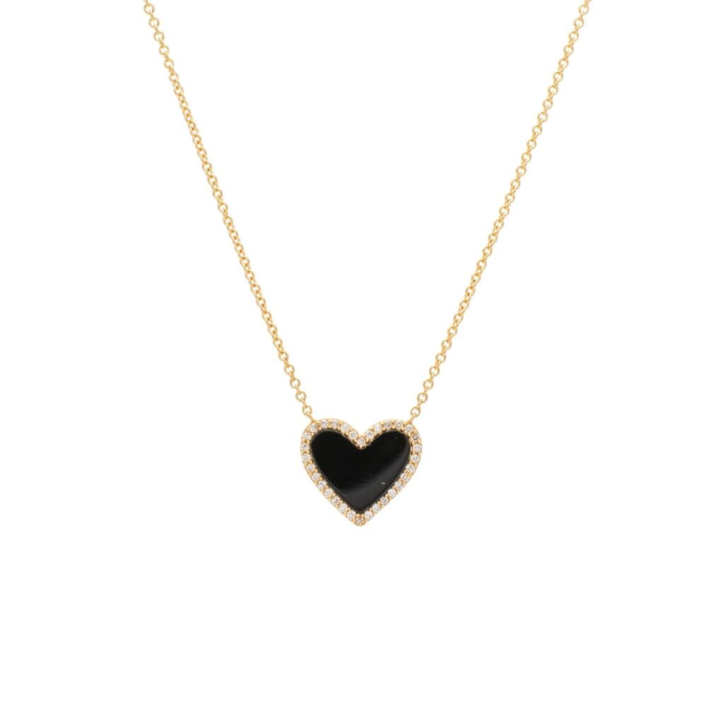 Diamond Mini Onyx Heart Necklace Yellow Gold