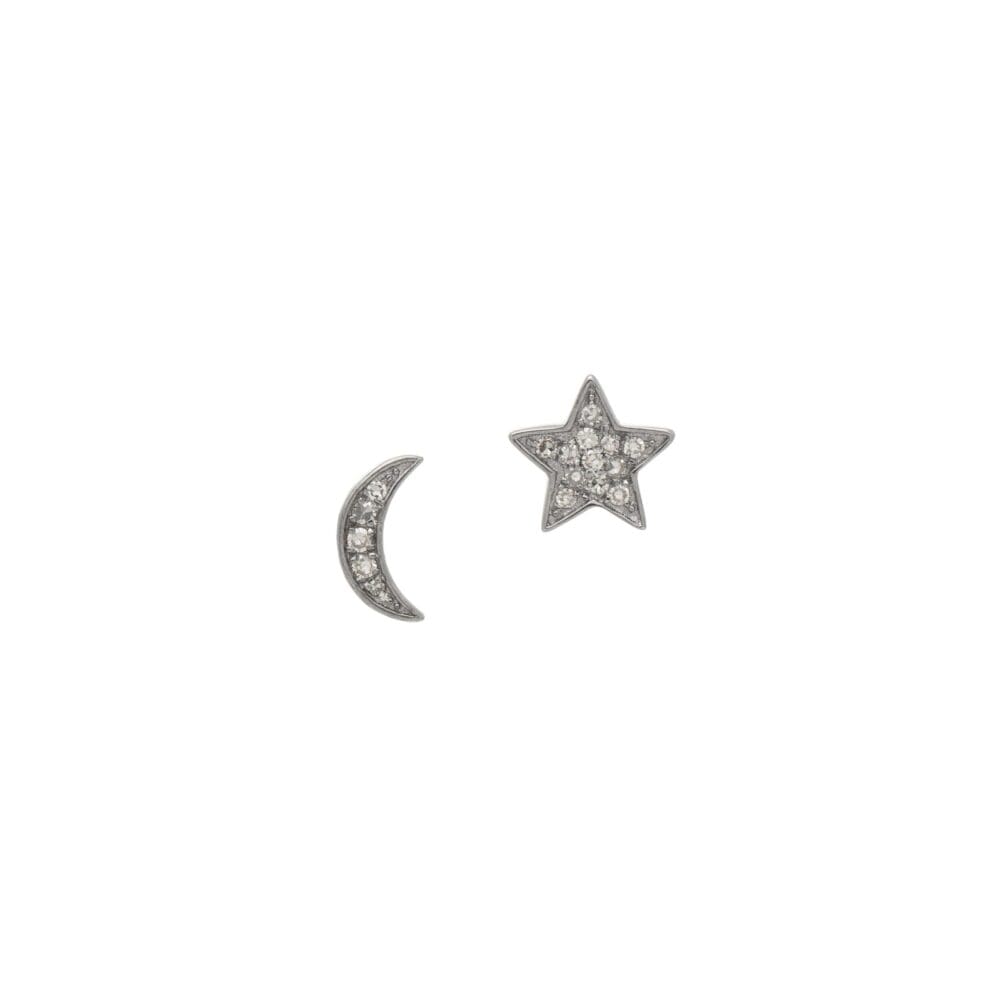 Diamond Petite Moon + Star Studs Sterling Silver