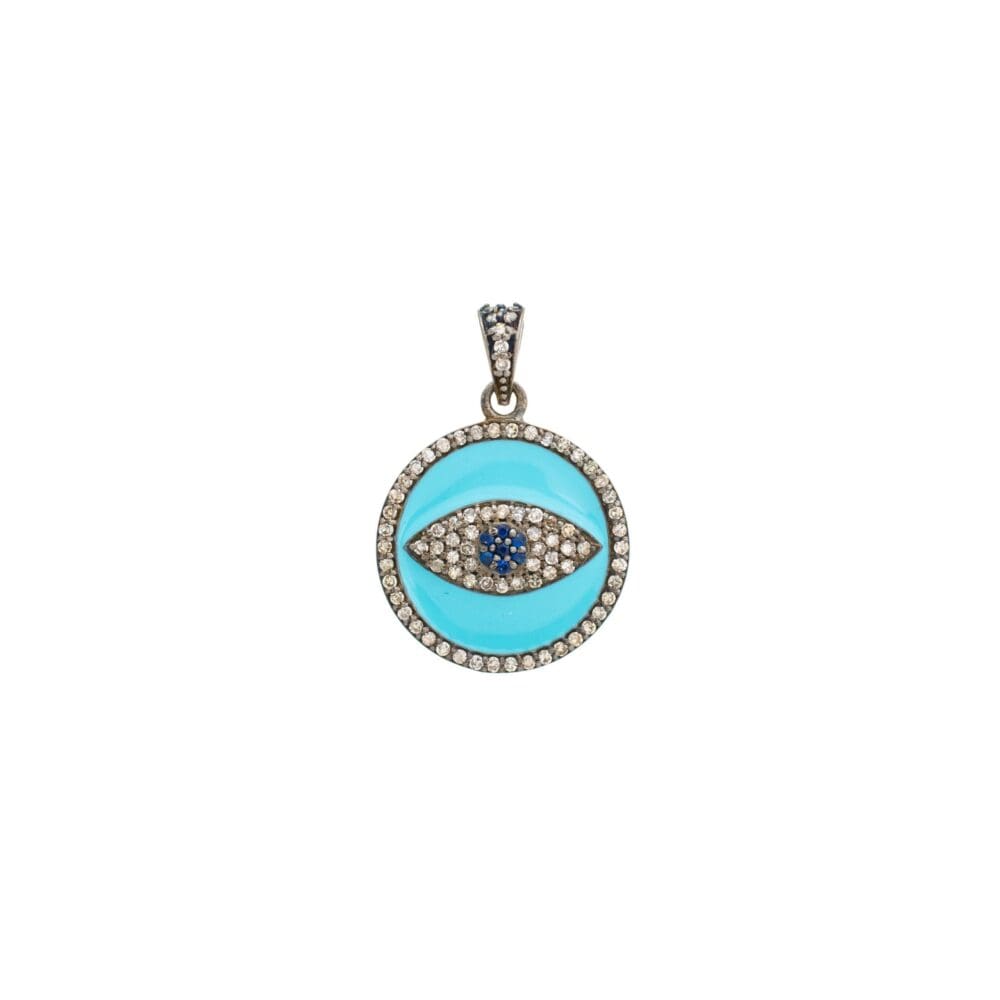 Diamond + Turquoise Enamel Evil Eye Disc Charm Sterling Silver