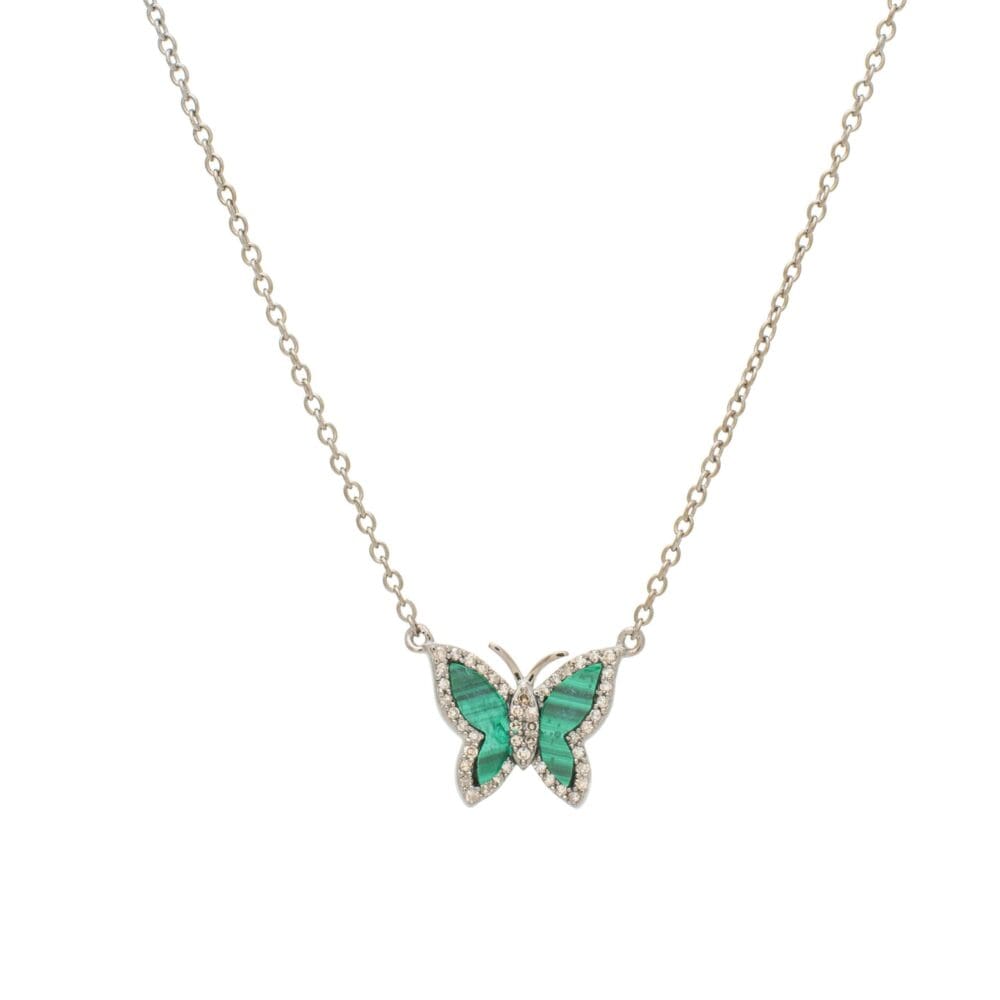 Small Diamond Malachite Butterfly Necklace Sterling Silver