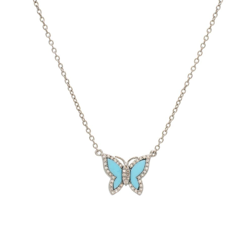 Small Diamond Turquoise Butterfly Necklace Sterling Silver
