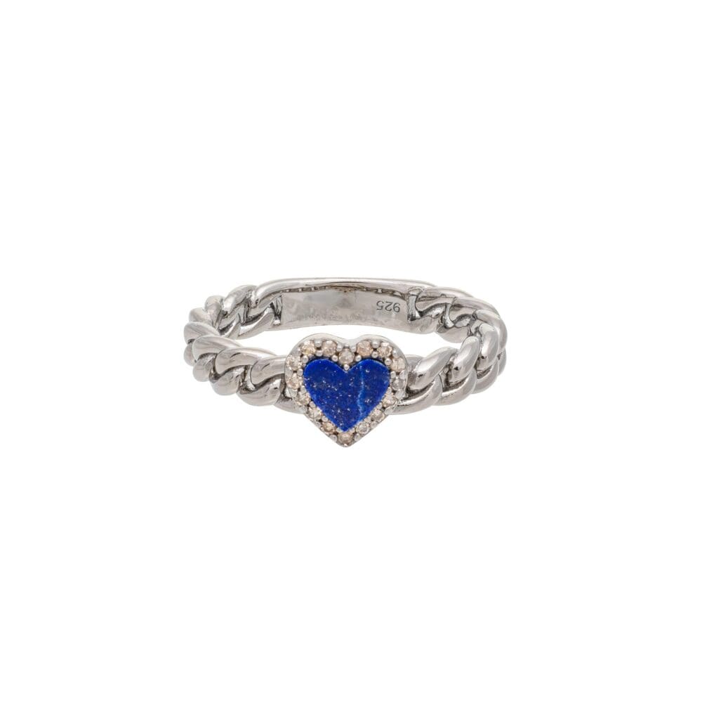 Diamond + Lapis Heart Curb Chain Hard Link Ring Sterling Silver