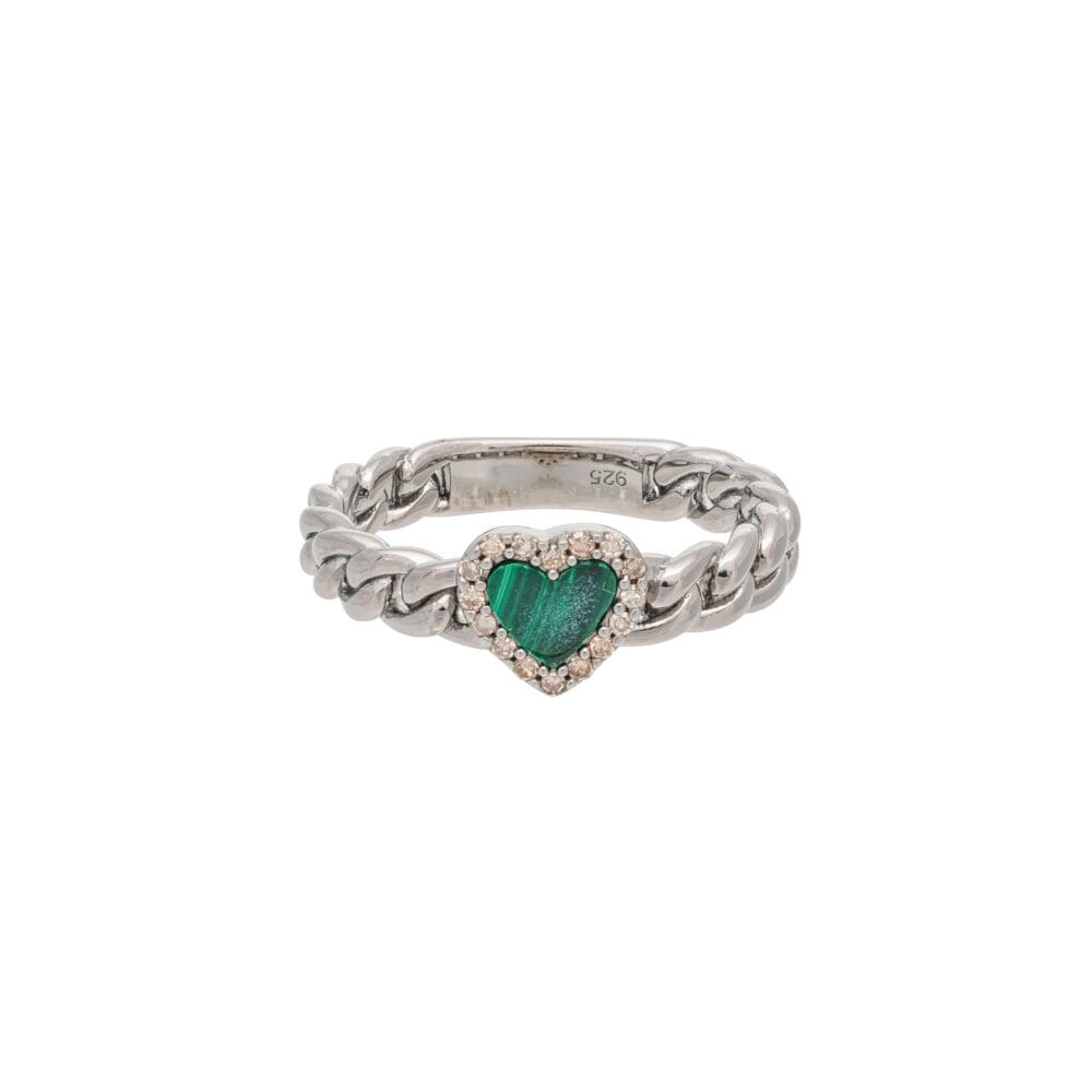 Diamond + Malachite Heart Curb Chain Hard Link Ring Sterling Silver