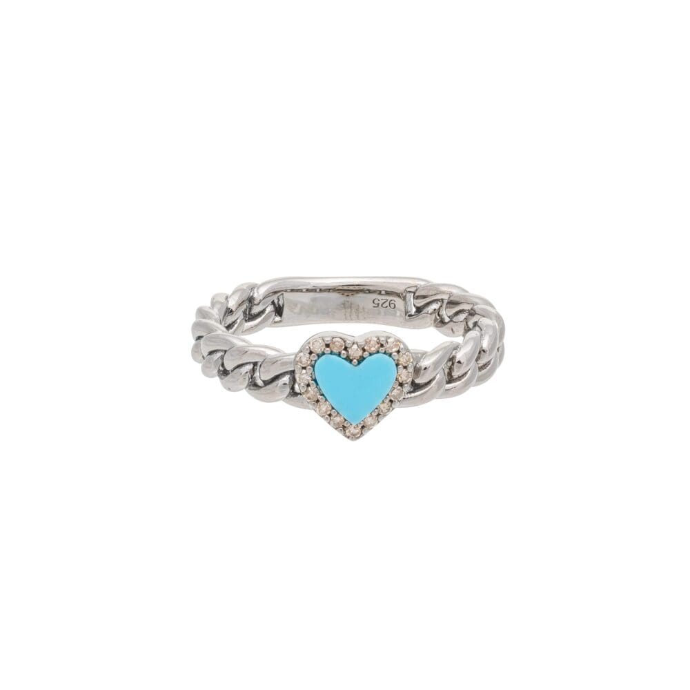 Diamond + Turquoise Heart Curb Chain Hard Link Ring Sterling Silver