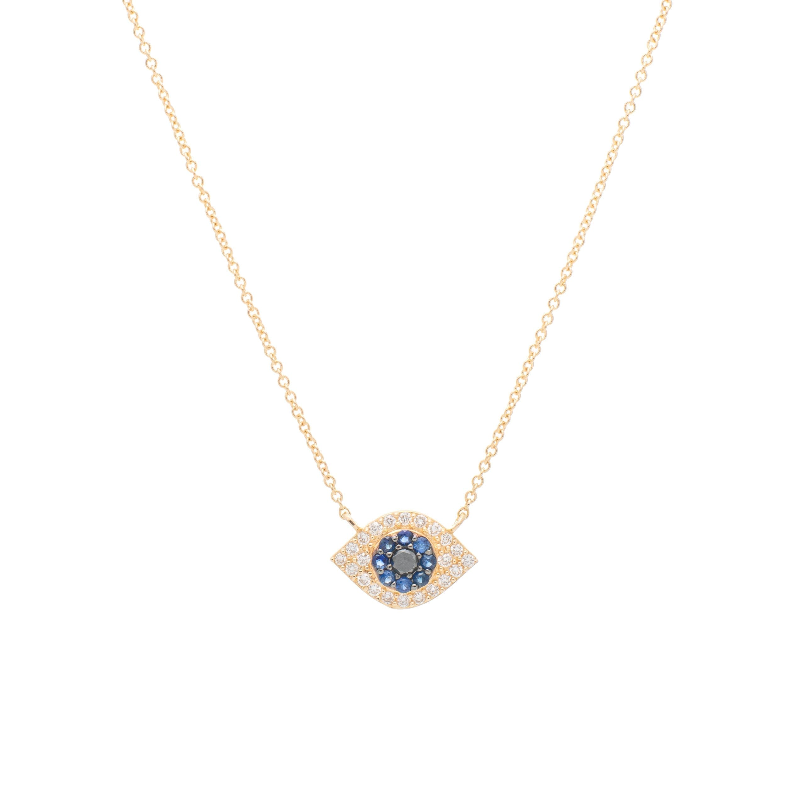 Small Diamond + Sapphire Evil Eye Necklace Yellow Gold