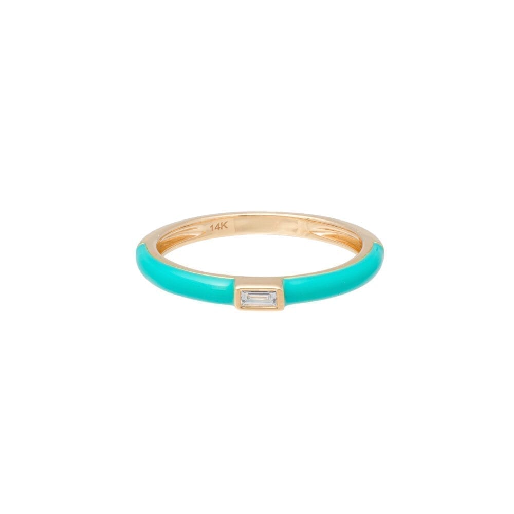 Baguette Diamond + Turquoise Enamel Stacking Ring Yellow Gold