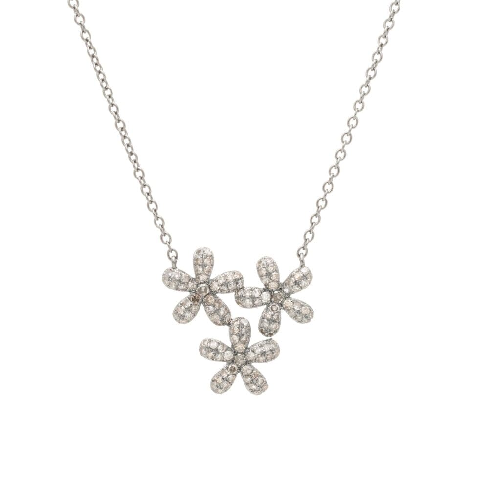 Diamond Triple Flower Necklace Sterling Silver