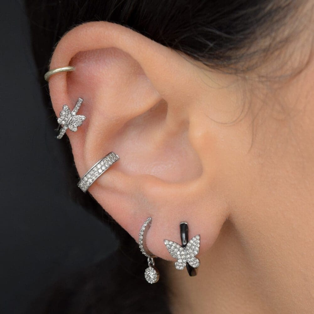 Diamond Butterfly Black Enamel Huggie Earrings