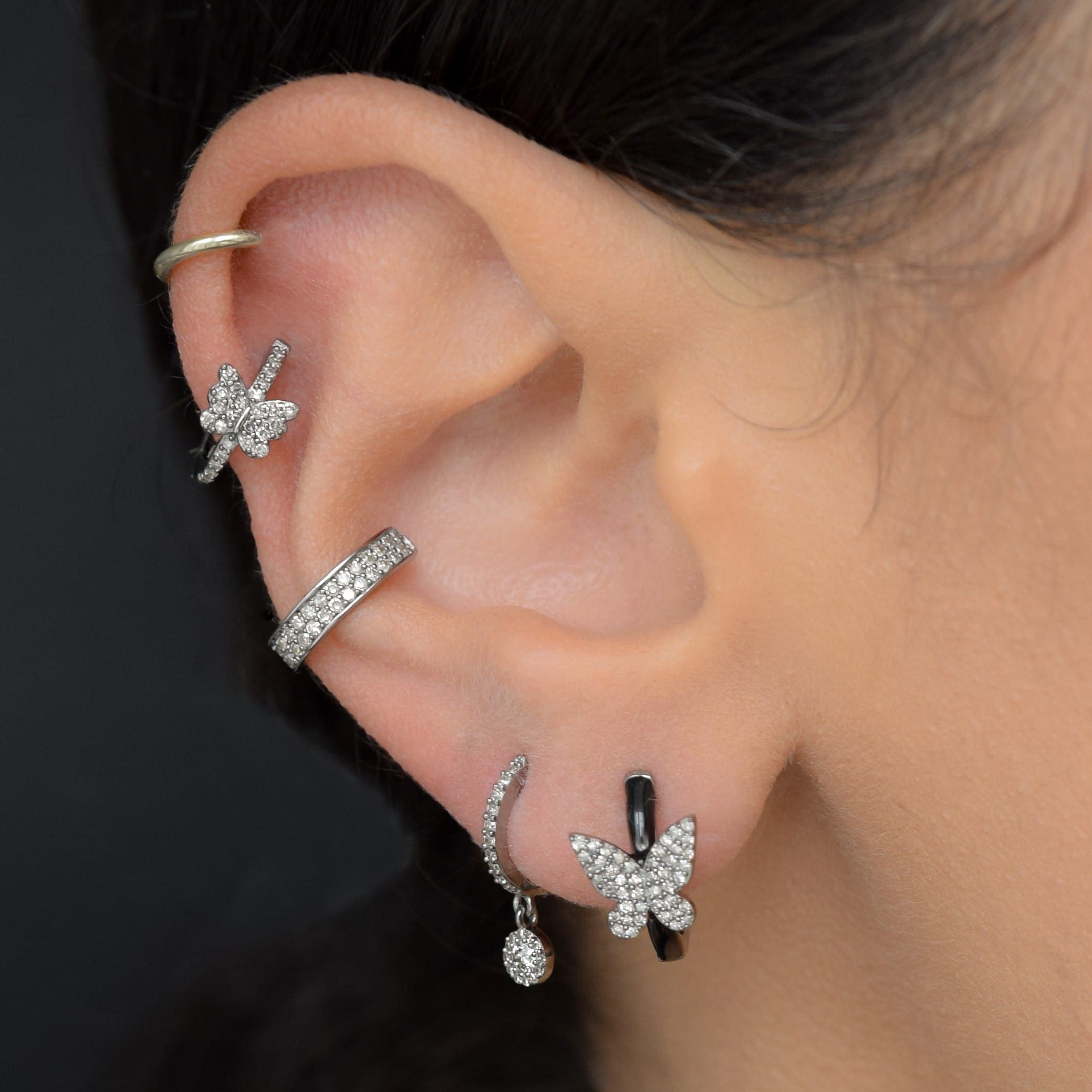 Diamond Butterfly Black Enamel Huggie Earrings