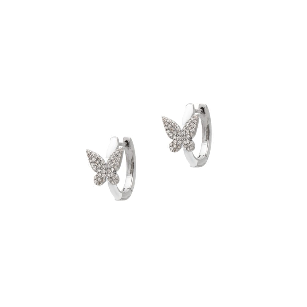 Diamond Butterfly White Enamel Huggie Earrings Sterling Silver