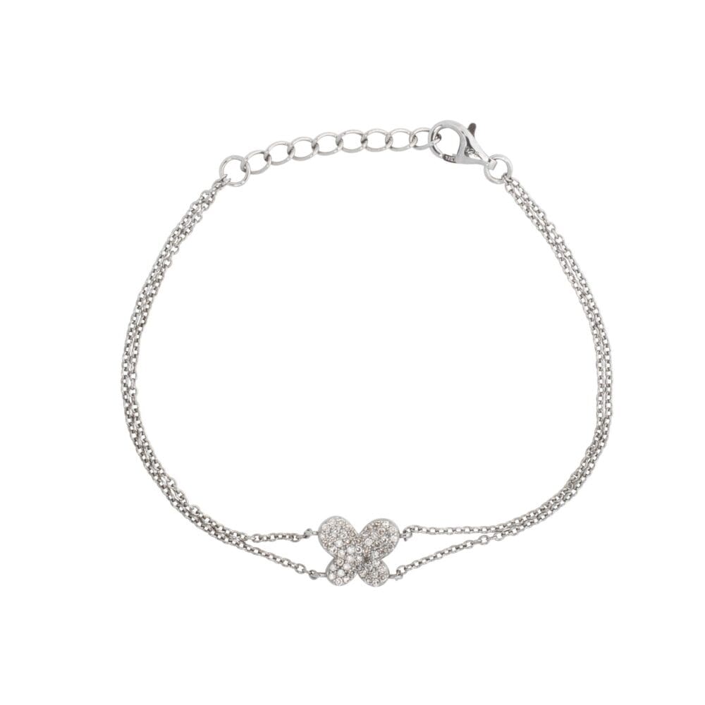 Diamond Butterfly Double Chain Bracelet Sterling Silver
