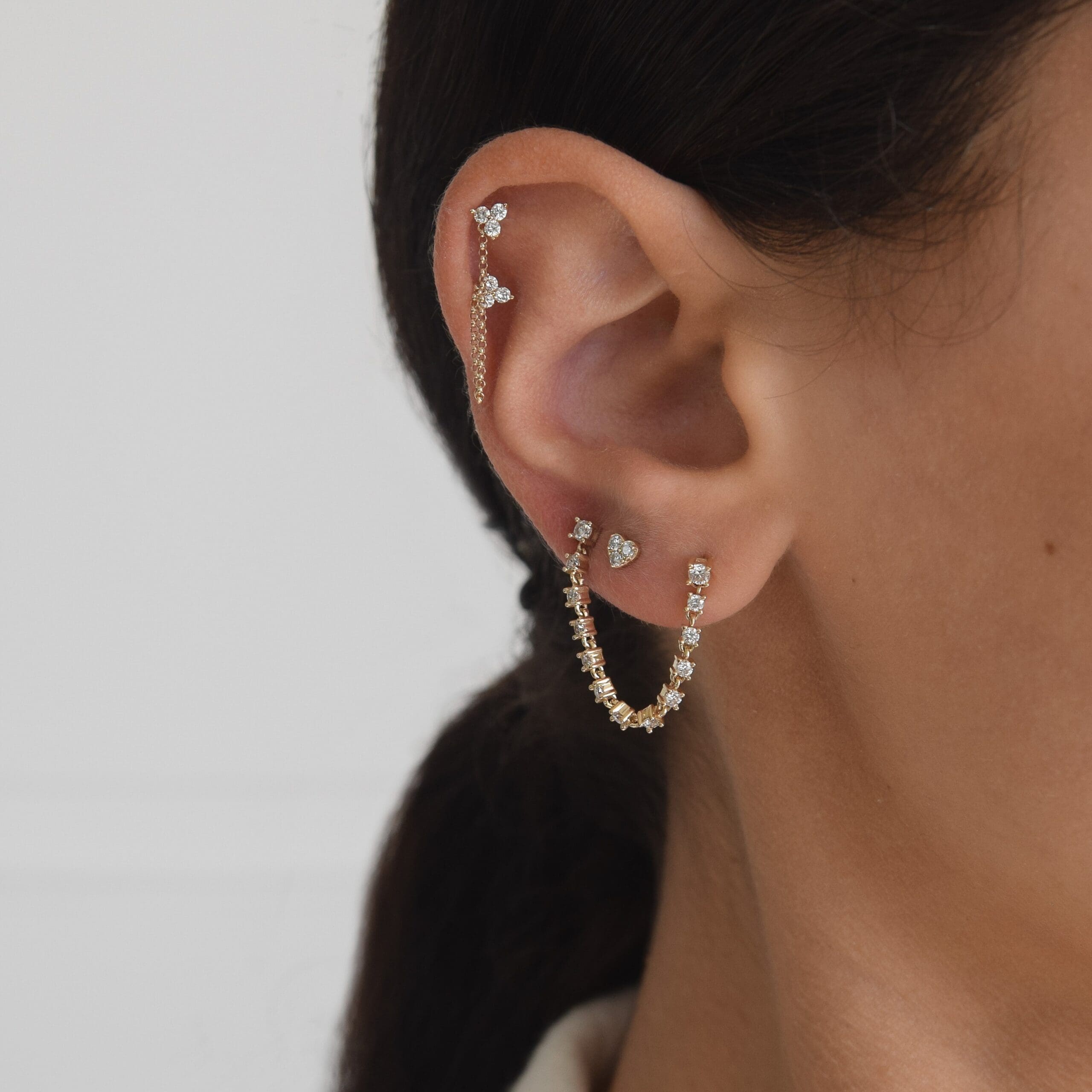 Diamond Cluster Double Pierced Chain Earrings