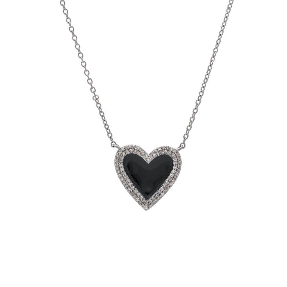 Medium Diamond Black Enamel Heart Necklace Sterling Silver