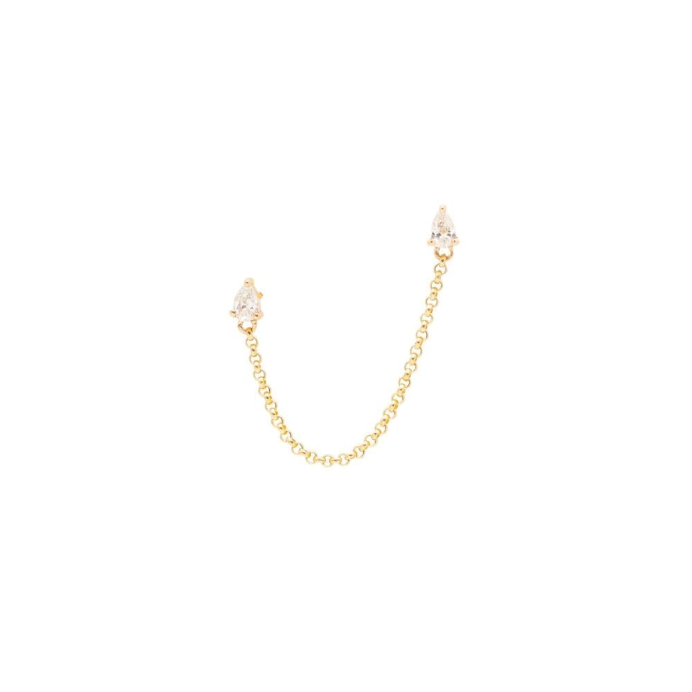 Pear Diamond Double Pierced Chain Earrings Single Yellow Gold