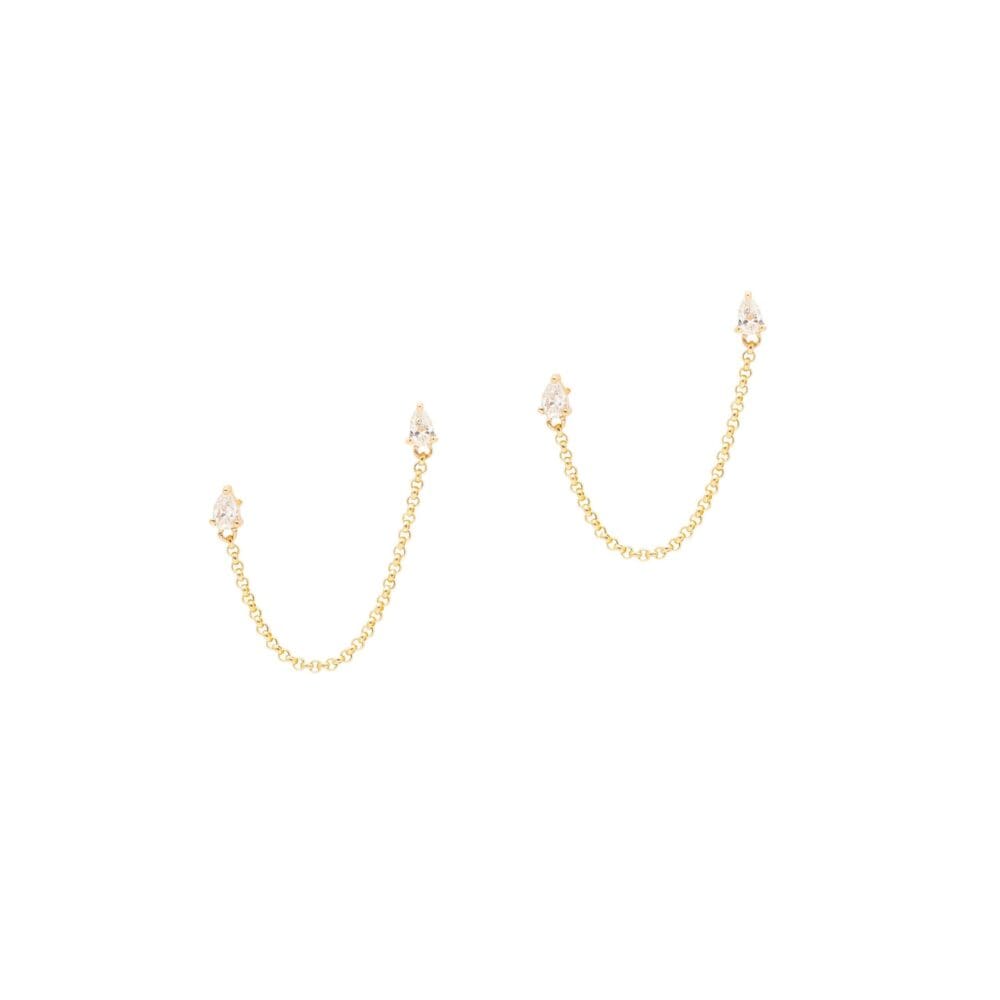 Pear Diamond Double Pierced Chain Earrings Yellow Gold