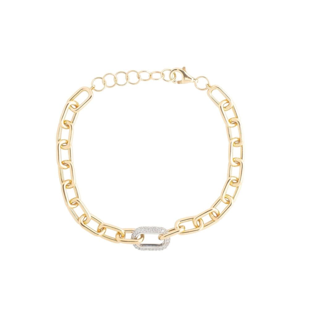 Small Square Edged Chain Link Bracelet + Mini Pave Diamond Gold Link Yellow Gold