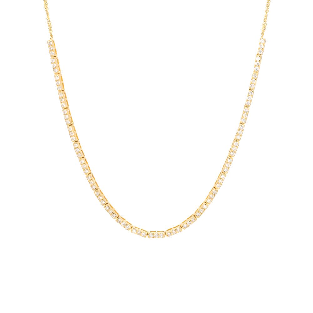 Triple Diamond Hinged Bar Tennis Chain Necklace Yellow Gold